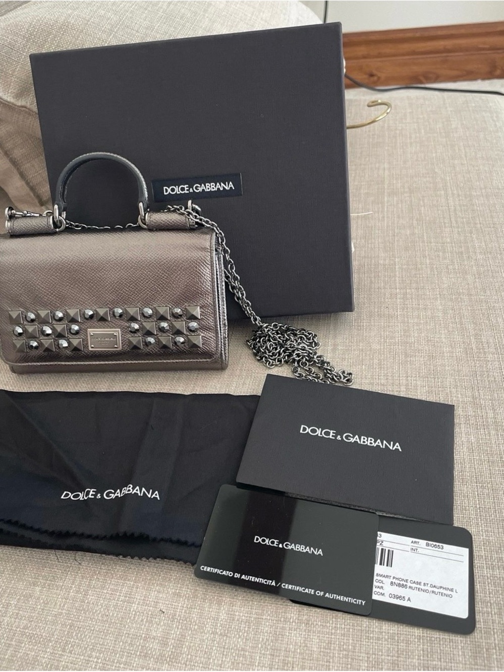 Dolce & Gabbana Metallic Gray Studded Leather Mini Bag